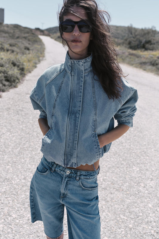 Blouson Bomber en Denim Z1975 à Col Montant
